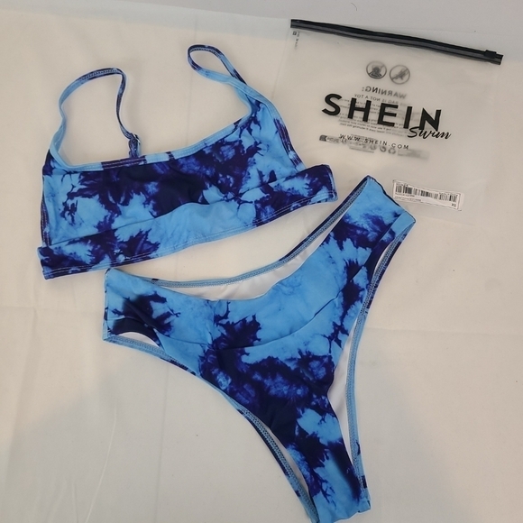 NEW Shein Women's Blue Tie Dye High Waisted Bikini Swim Suit Set Sz XS - Picture 1 of 8
